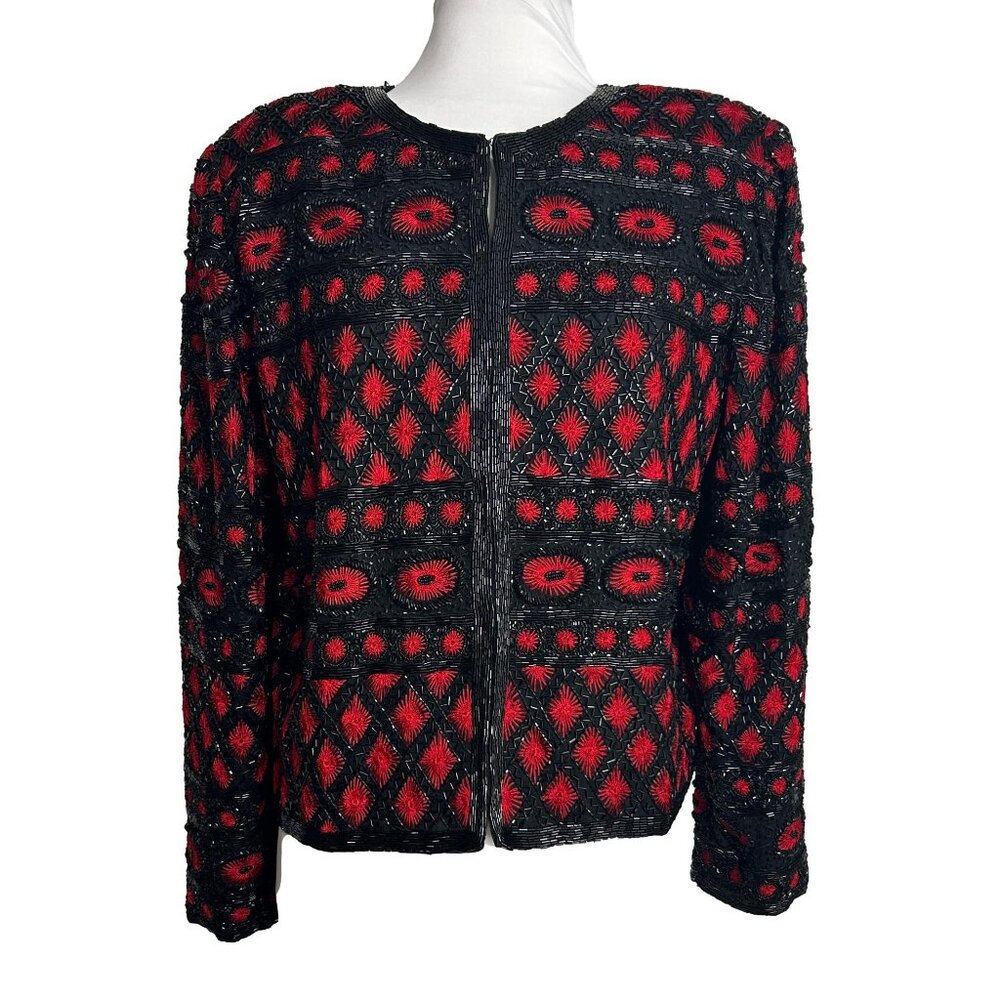 Vintage Tan Chho Silk Beaded Blazer Jacket Womens Size Small Black Red New